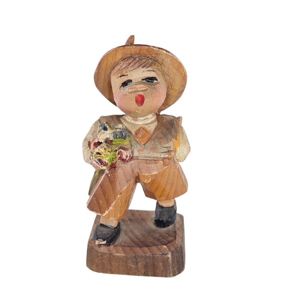 Hand Carved Wooden Figurine Of Boy With Hat & Flowers Vintage Decor Accent
